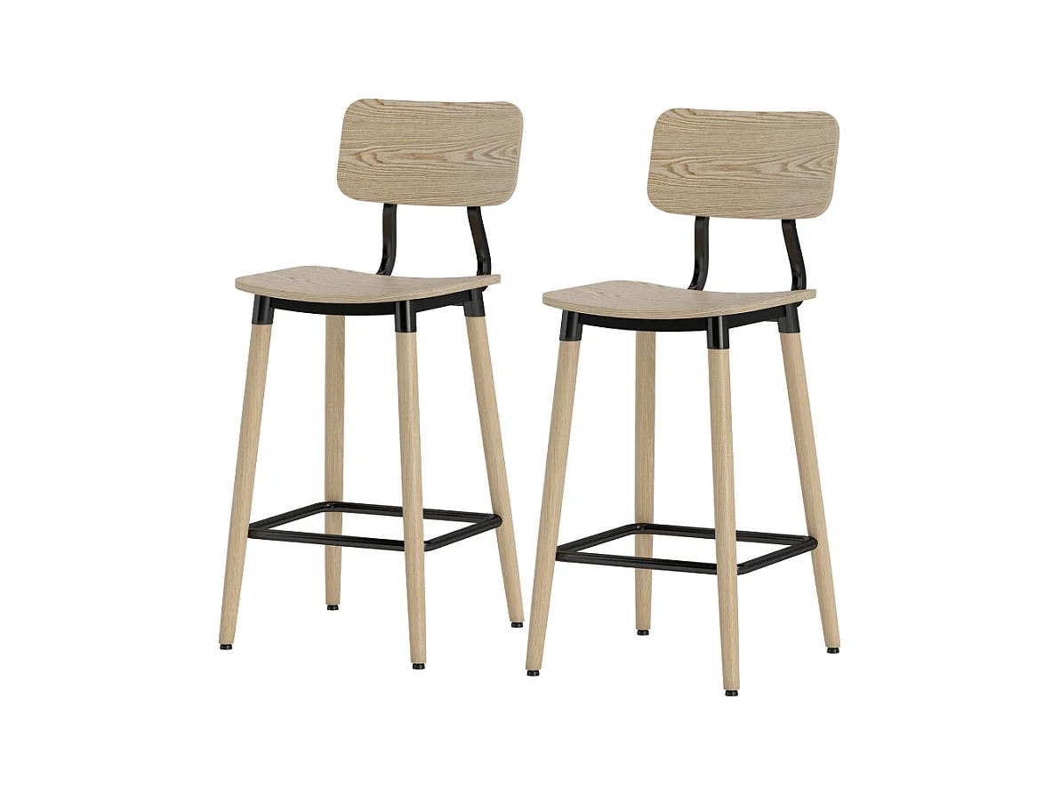 Taburete de bar con respaldo y reposapiés, diseño moderno, estructura de acero, color madera natural (47x41x94 cm)