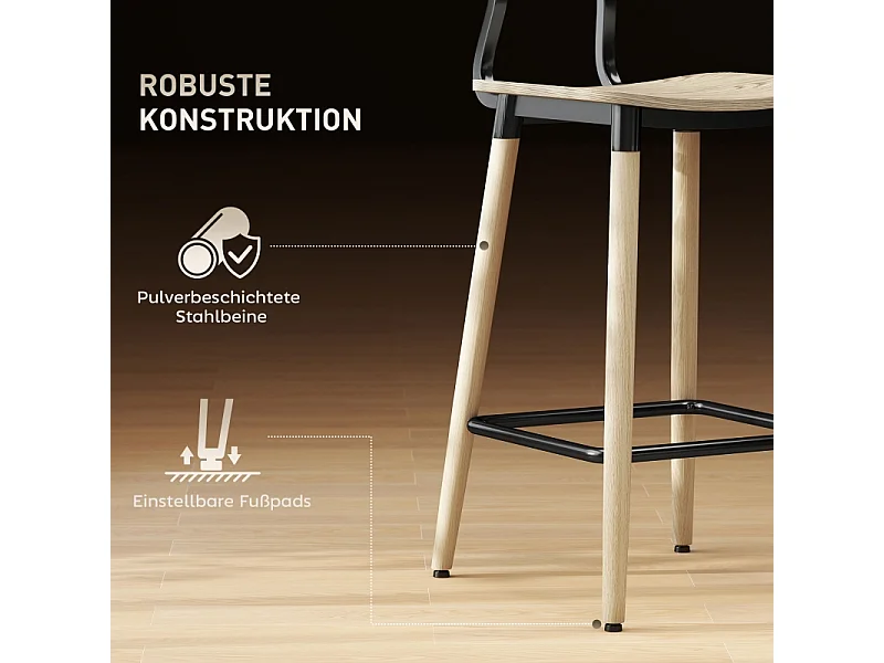 Tabouret de bar avec dossier et repose-pieds, design moderne, structure en acier, couleur bois naturel (47x41x94 cm)