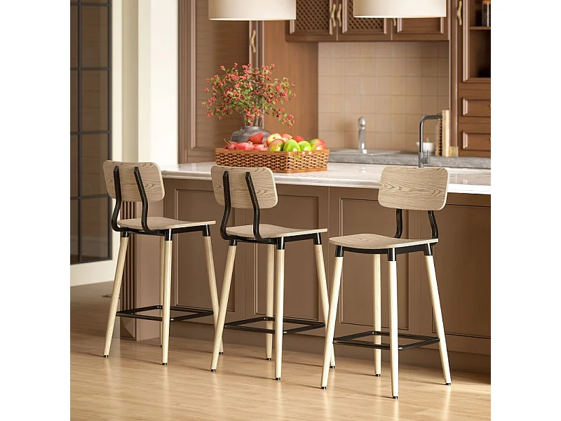 Tabouret de bar avec dossier et repose-pieds, design moderne, structure en acier, couleur bois naturel (47x41x94 cm)