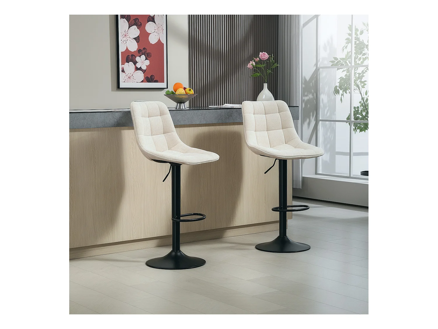 Barkruk in 2 delen, gestoffeerde zitting met rugleuning, stalen frame, chenillestof, met voetenbankje en 360° draaibaar, beige (53x47x117 cm)