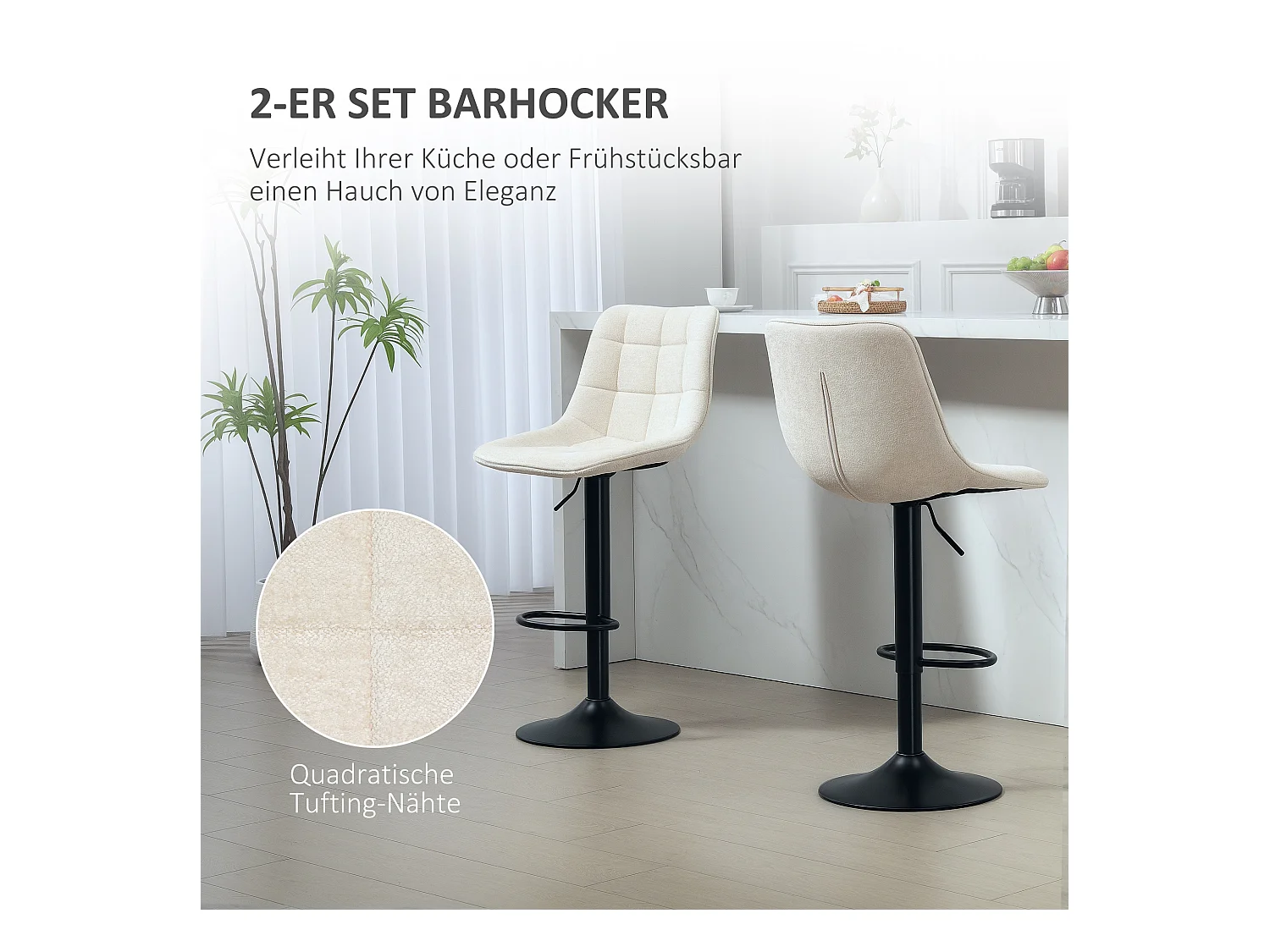 Barkruk in 2 delen, gestoffeerde zitting met rugleuning, stalen frame, chenillestof, met voetenbankje en 360° draaibaar, beige (53x47x117 cm)