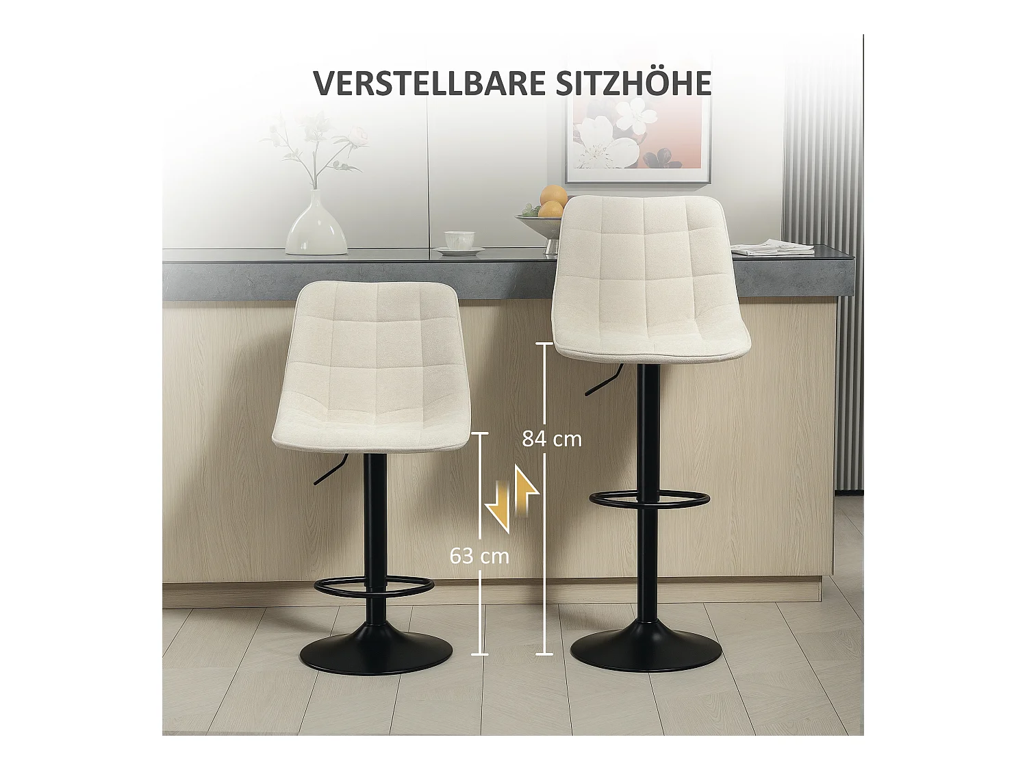 Barkruk in 2 delen, gestoffeerde zitting met rugleuning, stalen frame, chenillestof, met voetenbankje en 360° draaibaar, beige (53x47x117 cm)