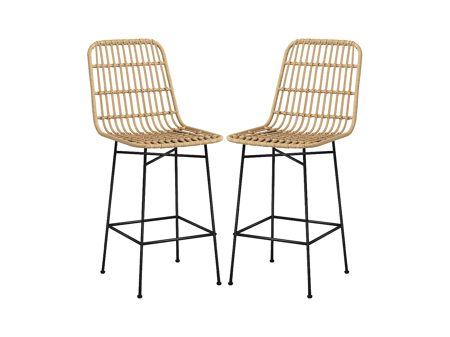Set de 2 tabourets de bar style bohème, avec dossier et repose-pieds, métal et rotin, noir et naturel (45x53.5x105 cm)