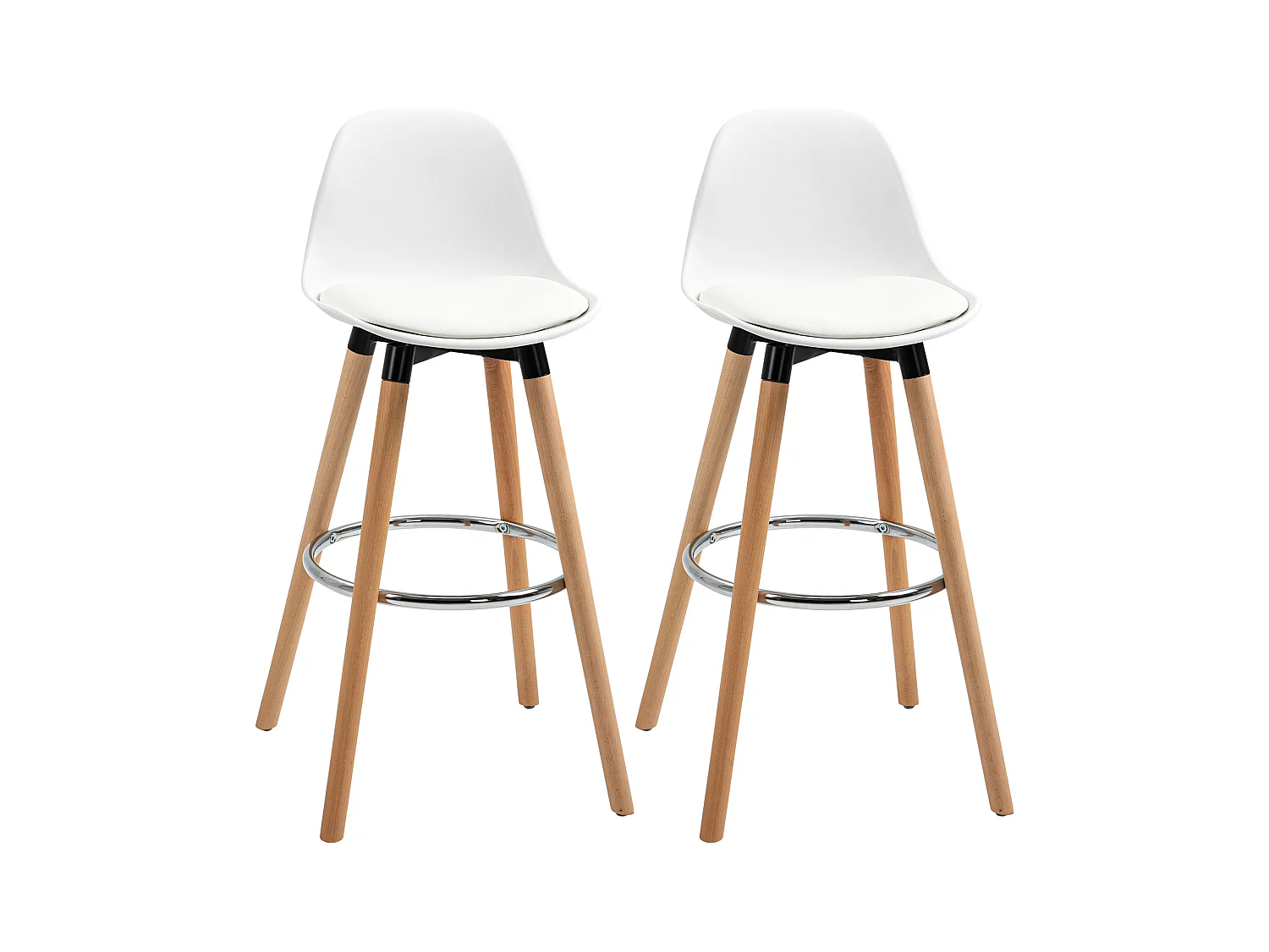 Lot de 2 tabourets de bar, design scandinave, similicuir blanc, avec repose-pieds et dossier (38.5x42.5x91cm)