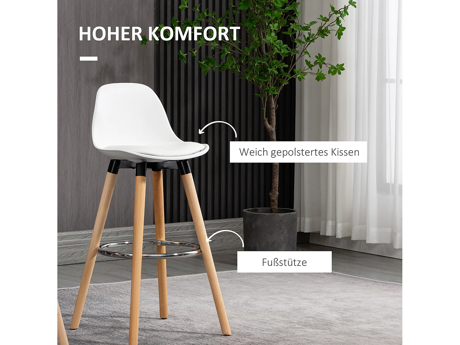 Set van 2 barkrukken, Scandinavisch design, wit imitatieleer, met voetenbankje en rugleuning (38,5x42,5x91cm)