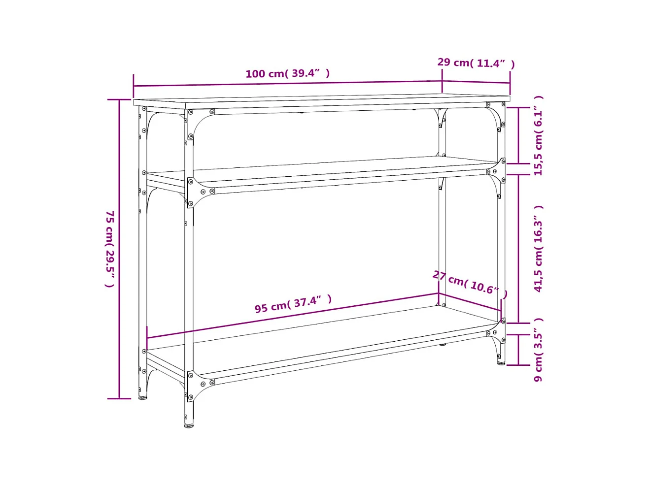 Sonoma grijze consoletafel 100x29x75 cm bewerkt hout