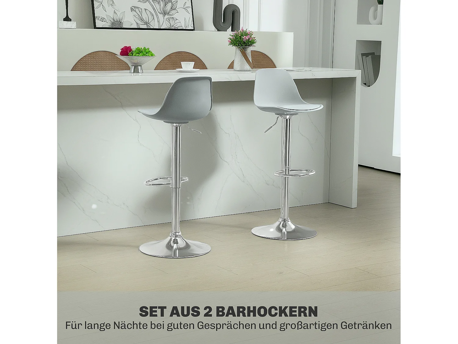 Set di 2 sgabelli da bar regolabili in altezza, schienale inclinato e base girevole, similpelle e acciaio, grigio (38x42x104 cm)