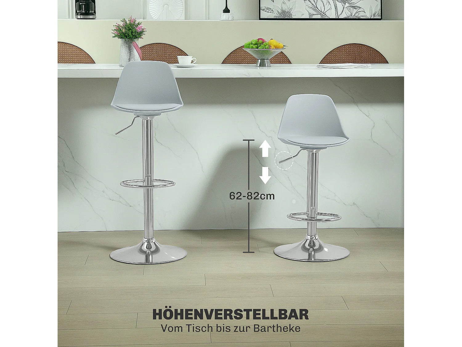 Set di 2 sgabelli da bar regolabili in altezza, schienale inclinato e base girevole, similpelle e acciaio, grigio (38x42x104 cm)