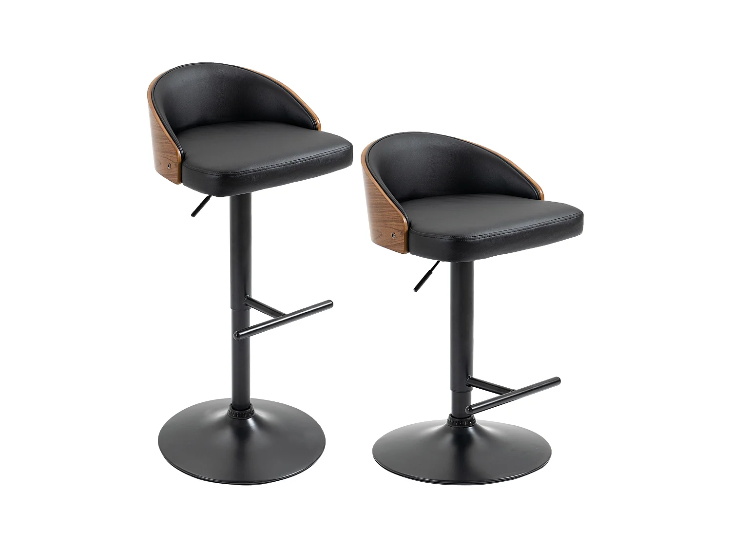 Lot de 2 tabourets de bar pivotants, réglables en hauteur, similicuir noir et bois, avec repose-pieds (48x49.5x76-96cm)
