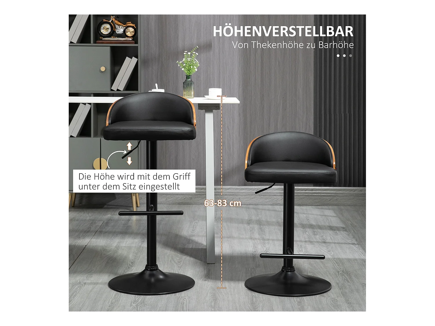 Lot de 2 tabourets de bar pivotants, réglables en hauteur, similicuir noir et bois, avec repose-pieds (48x49.5x76-96cm)