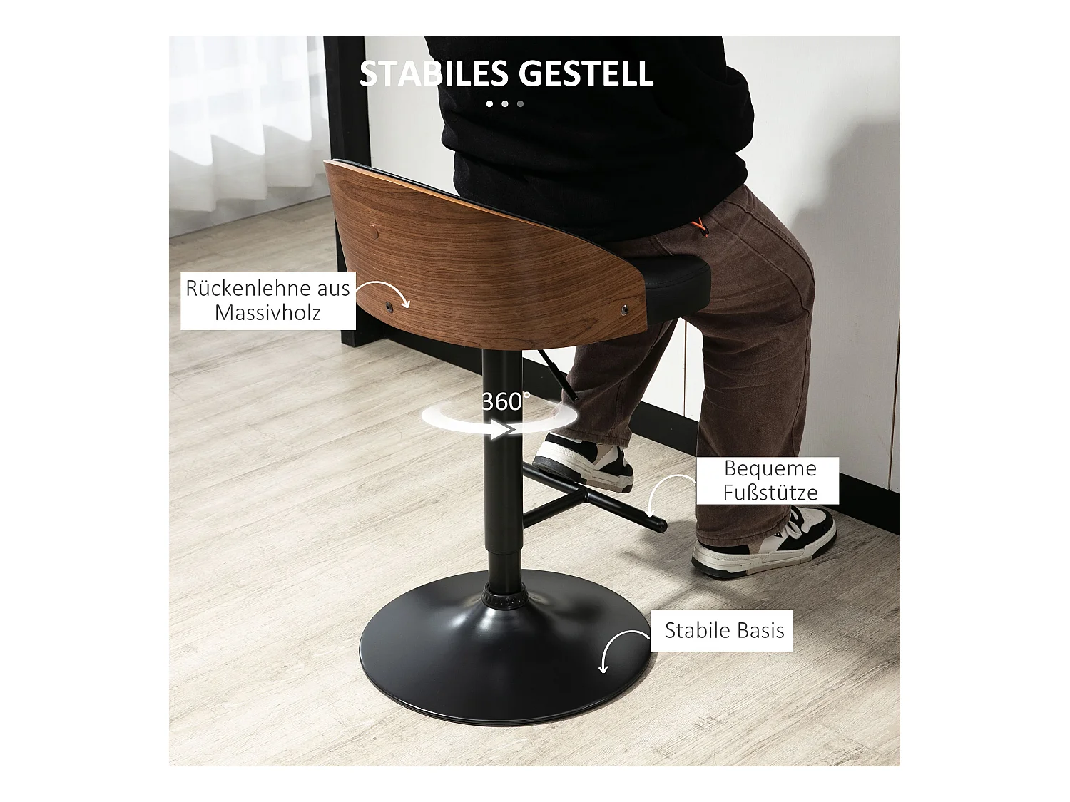 Lot de 2 tabourets de bar pivotants, réglables en hauteur, similicuir noir et bois, avec repose-pieds (48x49.5x76-96cm)