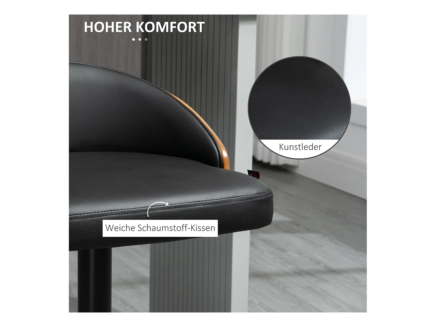 Lot de 2 tabourets de bar pivotants, réglables en hauteur, similicuir noir et bois, avec repose-pieds (48x49.5x76-96cm)