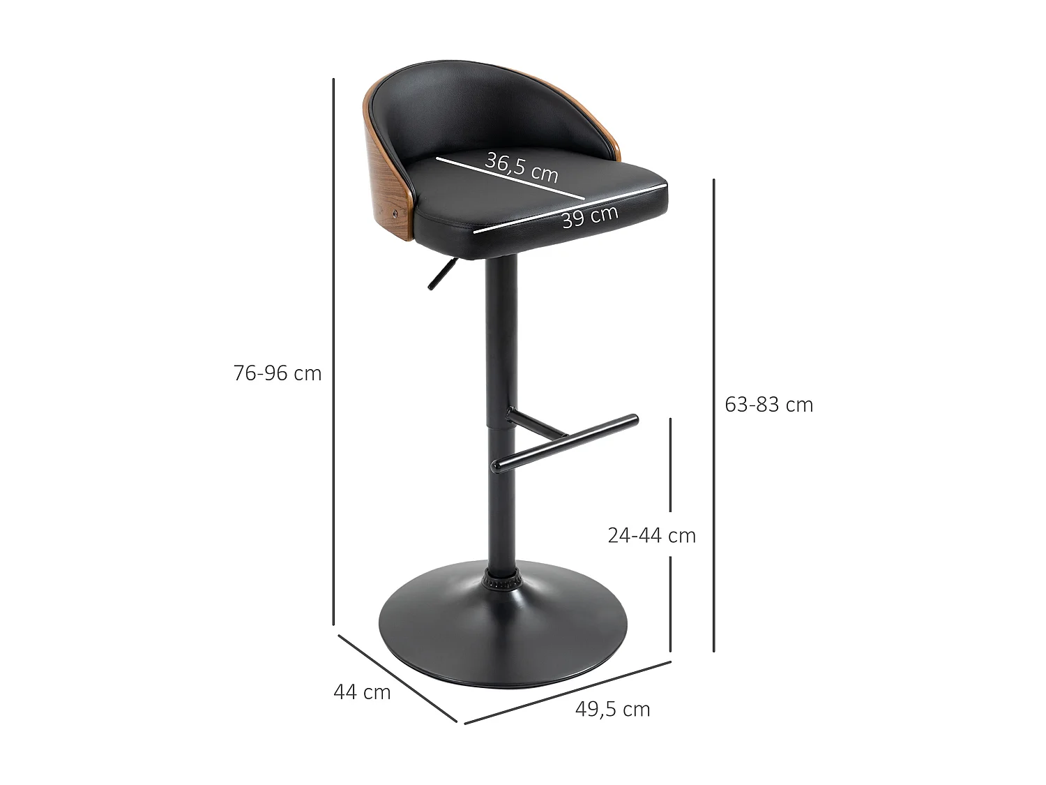 Lot de 2 tabourets de bar pivotants, réglables en hauteur, similicuir noir et bois, avec repose-pieds (48x49.5x76-96cm)