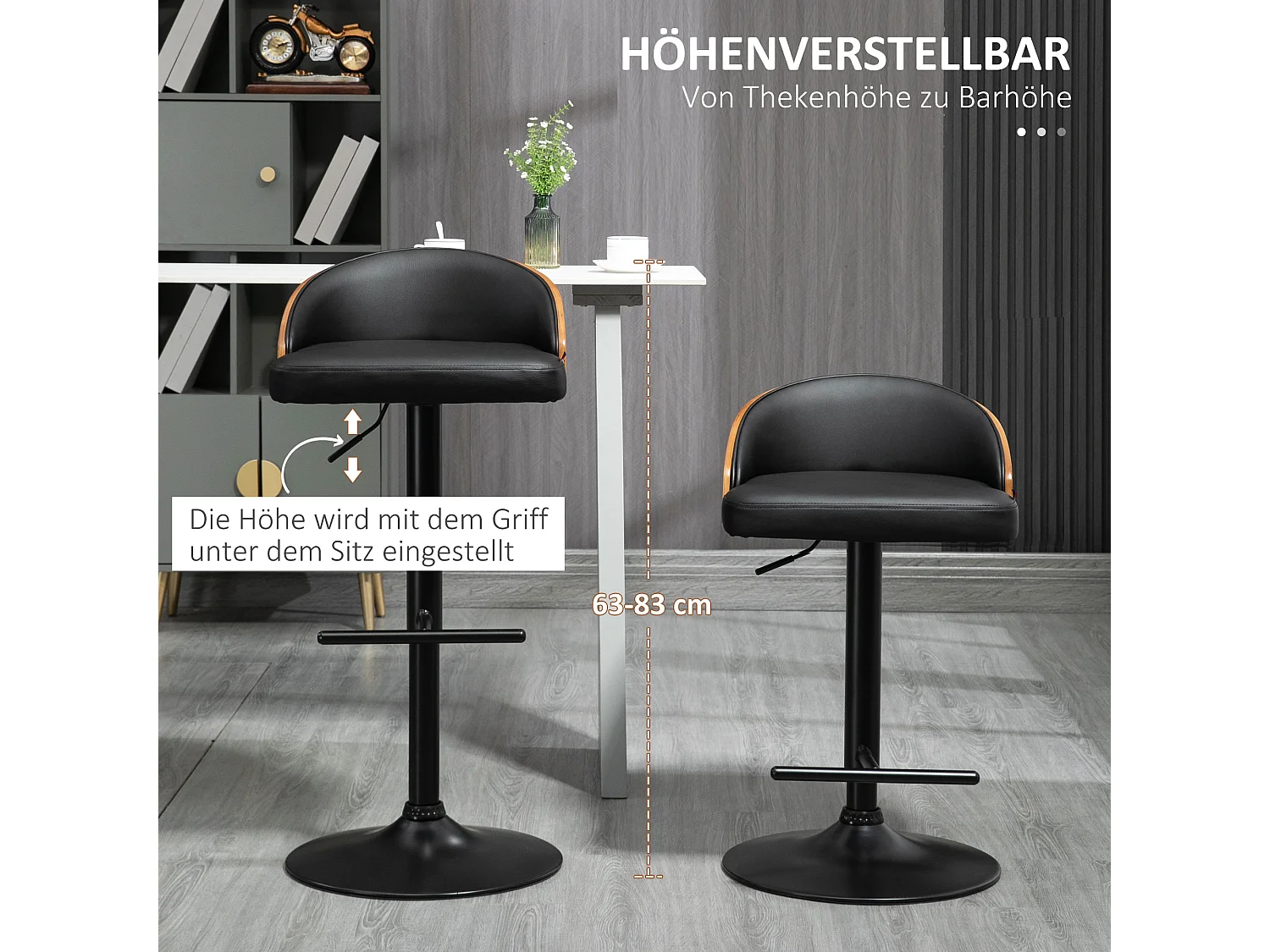 Lot de 2 tabourets de bar pivotants, réglables en hauteur, similicuir noir et bois, avec repose-pieds (48x49.5x76-96cm)