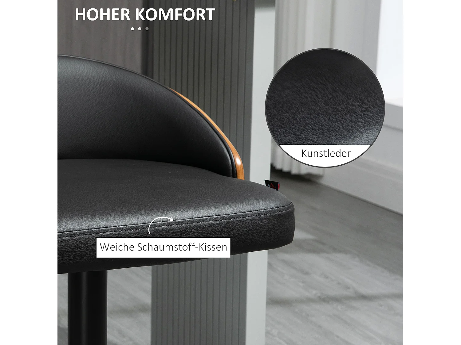 Lot de 2 tabourets de bar pivotants, réglables en hauteur, similicuir noir et bois, avec repose-pieds (48x49.5x76-96cm)