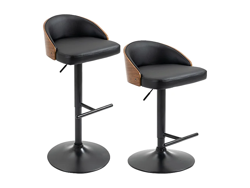 Lot de 2 tabourets de bar pivotants, réglables en hauteur, similicuir noir et bois, avec repose-pieds (48x49.5x76-96cm)