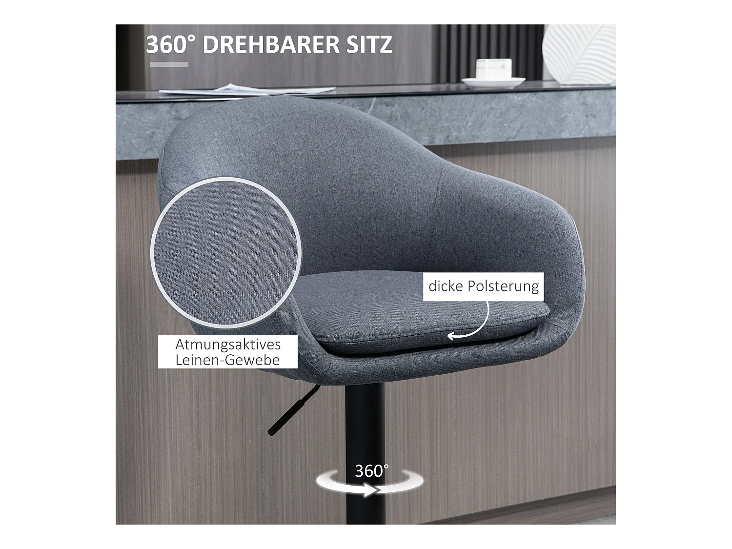 Verstelbare barkruk, modern design, bedrukt linnen, metaal, grijs (54x54x112 cm)