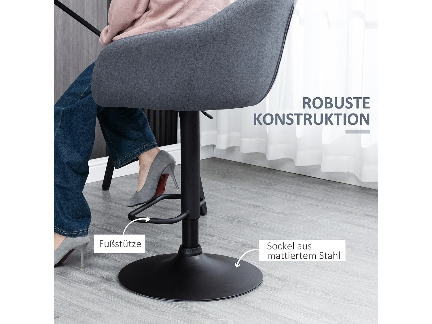 Tabouret de Bar Réglable, Design Moderne, Lin Imprimé, Métal, Gris (54x54x112 cm)