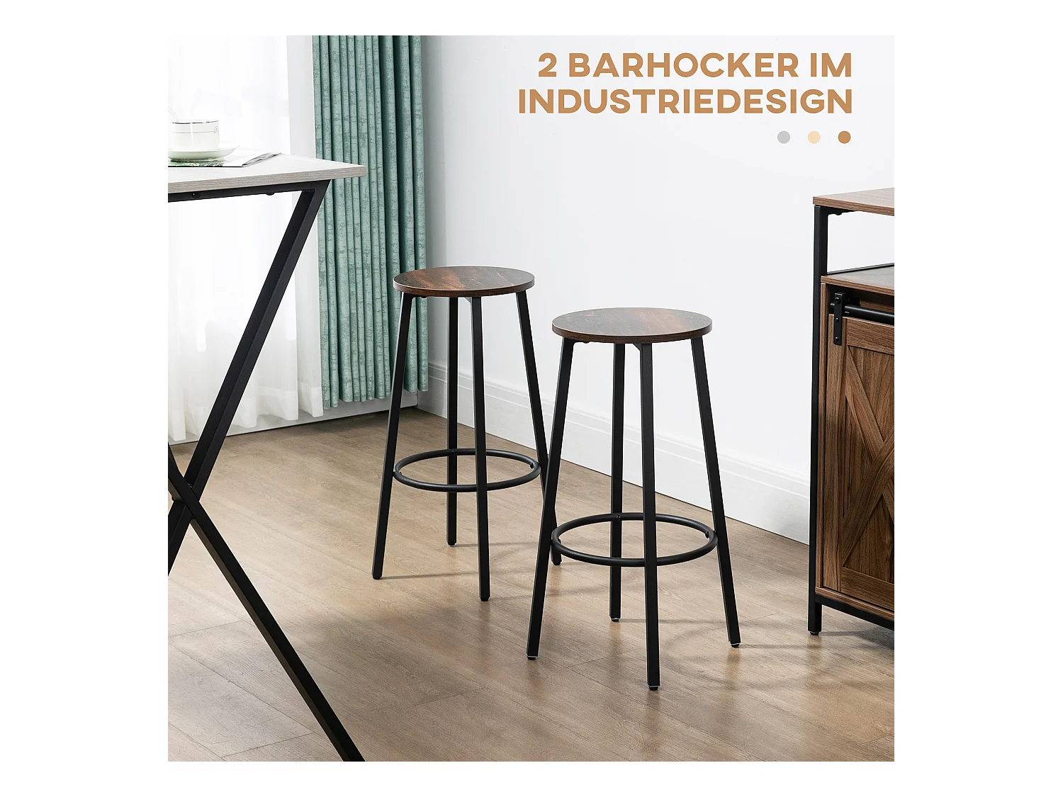 2-delige barkrukset, industrieel design, metaal en hout, stalen poten, bruin (42x42x65 cm)