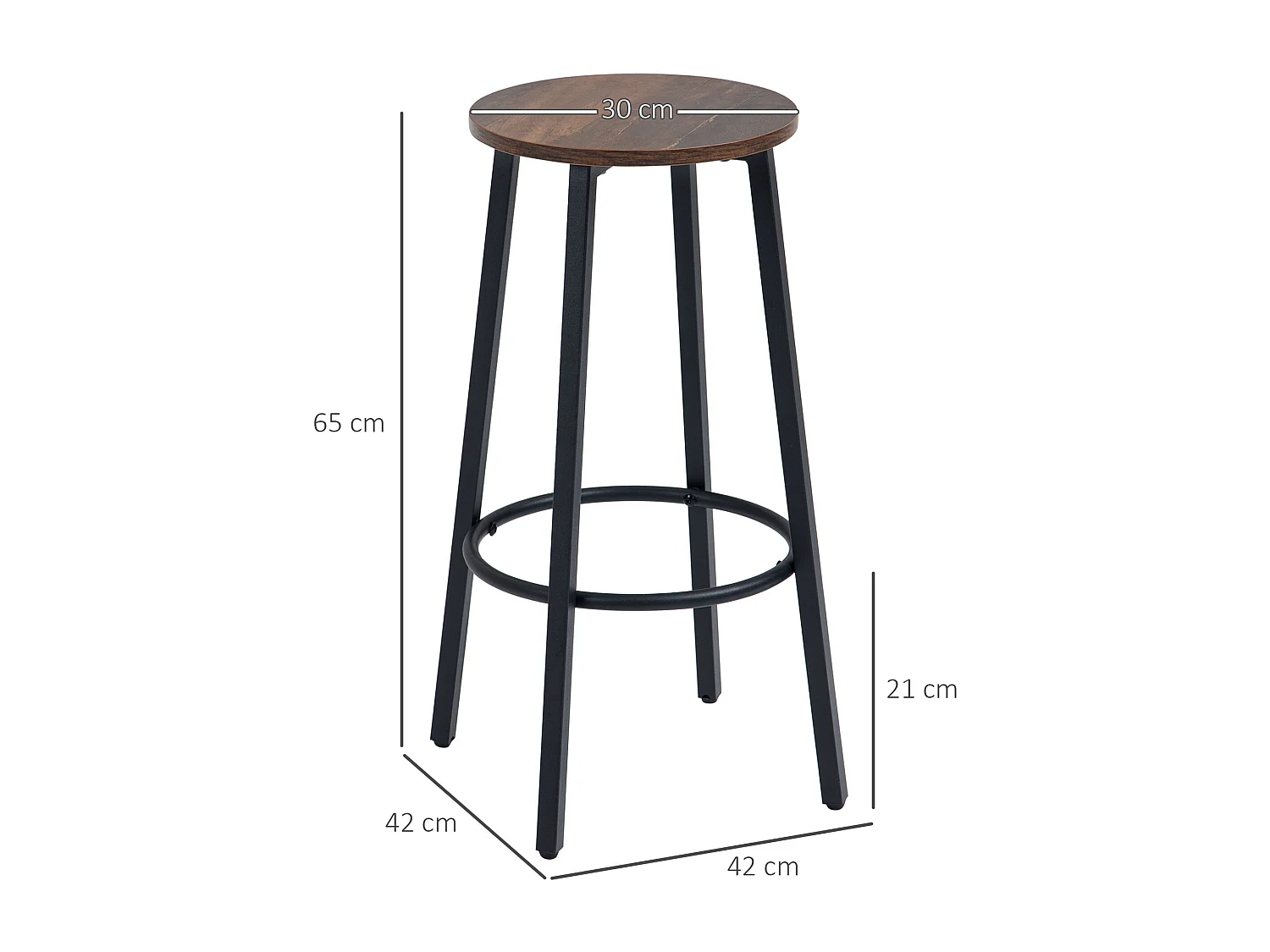 Tabouret de Bar 2 Pièces, Design Industriel, Métal et Bois, Pieds en Acier, Marron (42x42x65 cm)