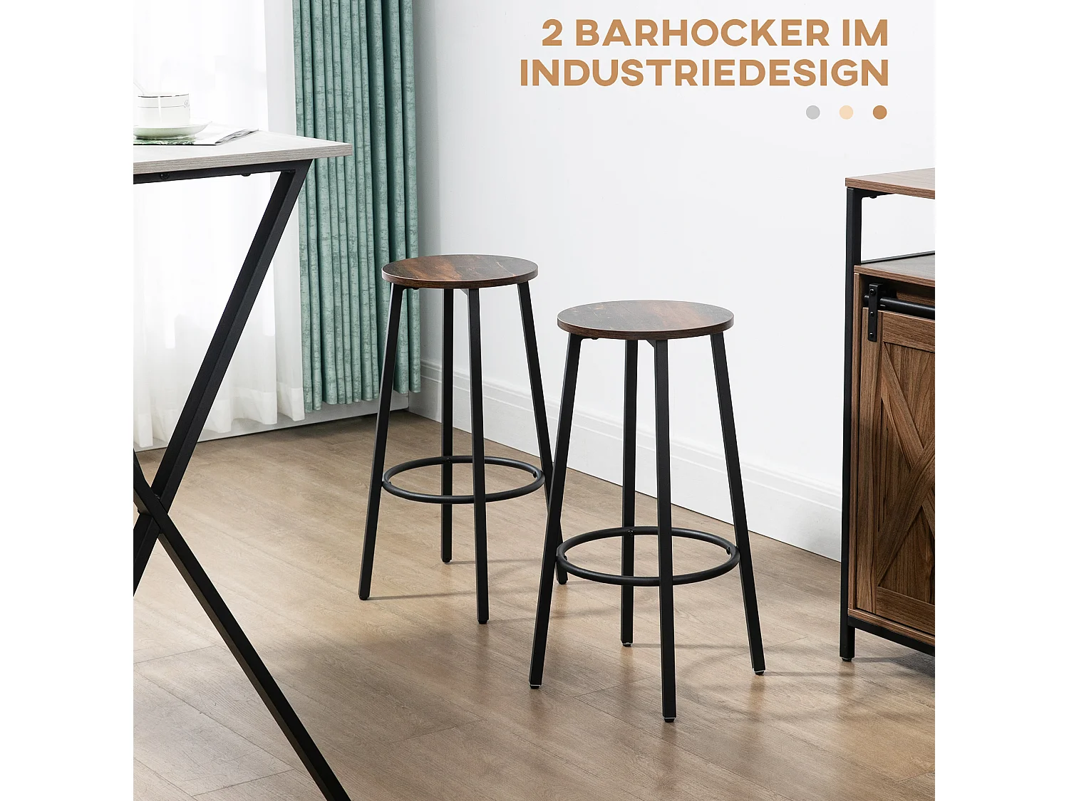 Tabouret de Bar 2 Pièces, Design Industriel, Métal et Bois, Pieds en Acier, Marron (42x42x65 cm)