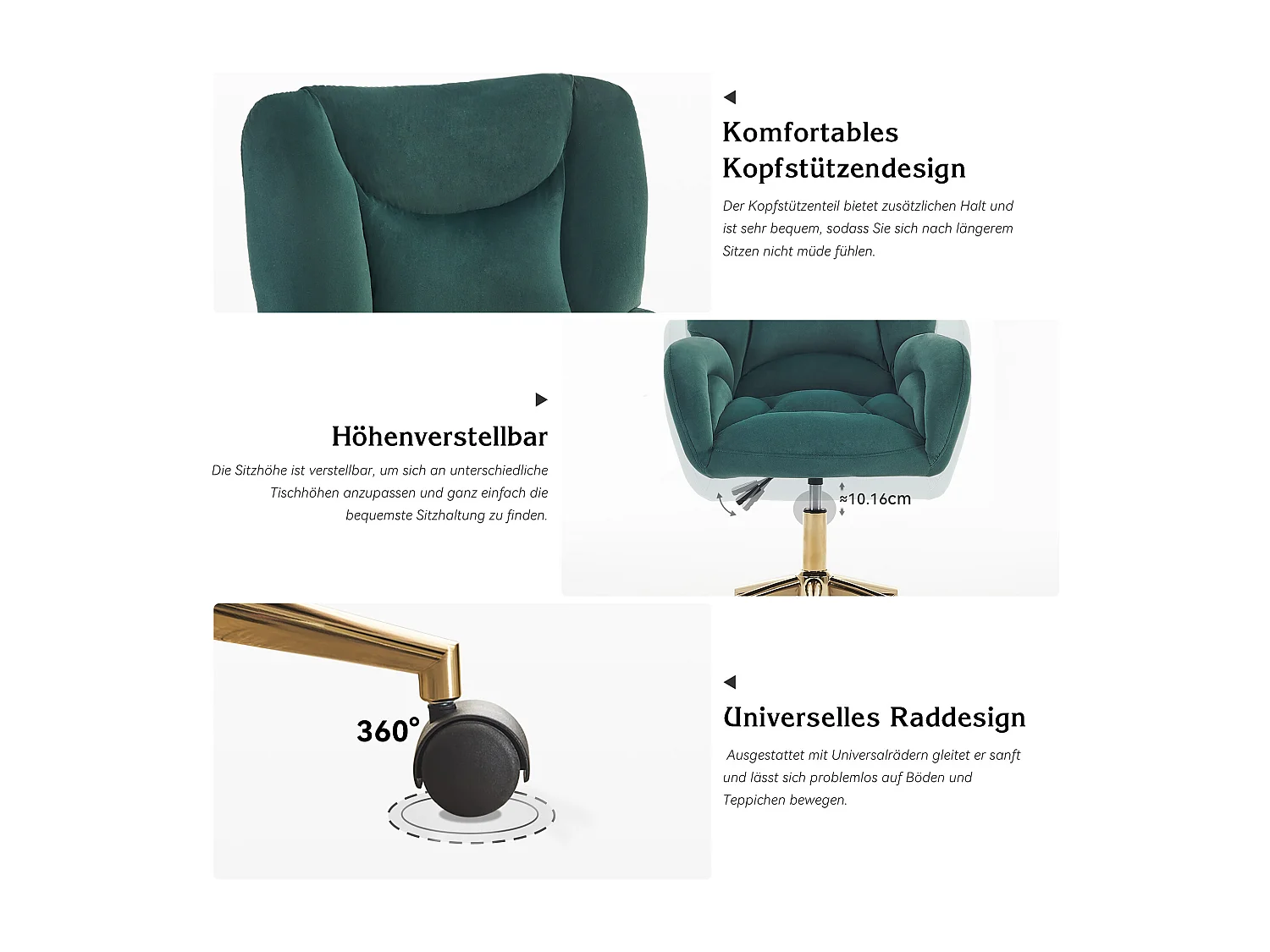 Draaibare fluwelen bureaustoel, verstelbare hoogte, gouden metalen voet, modern design, ergonomisch comfort (64x62x92,5 cm)