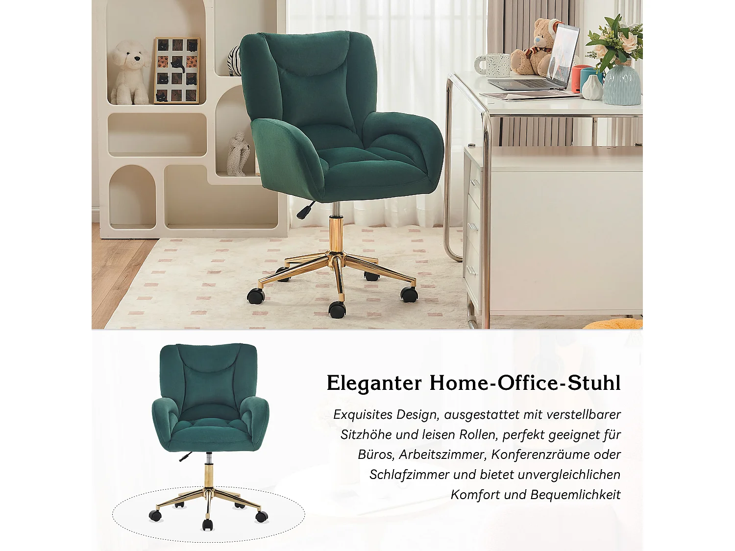 Draaibare fluwelen bureaustoel, verstelbare hoogte, gouden metalen voet, modern design, ergonomisch comfort (64x62x92,5 cm)