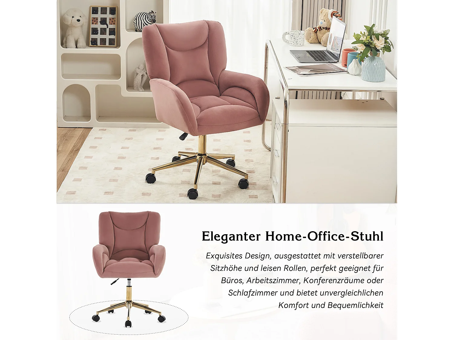 Draaibare fluwelen bureaustoel met gouden metalen voet, verstelbare hoogte en schuimvulling, modern design, roze (64x62x92,5 cm)
