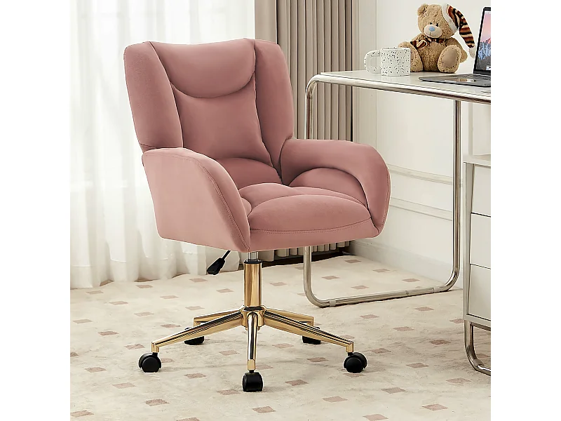 Draaibare fluwelen bureaustoel met gouden metalen voet, verstelbare hoogte en schuimvulling, modern design, roze (64x62x92,5 cm)