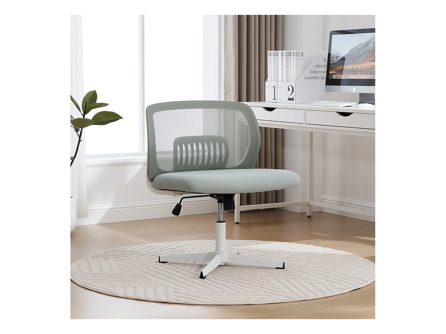 Fauteuil de bureau ergonomique sans accoudoirs, dossier mesh respirant, inclinable et pivotant, vert menthe (61x55x73cm)
