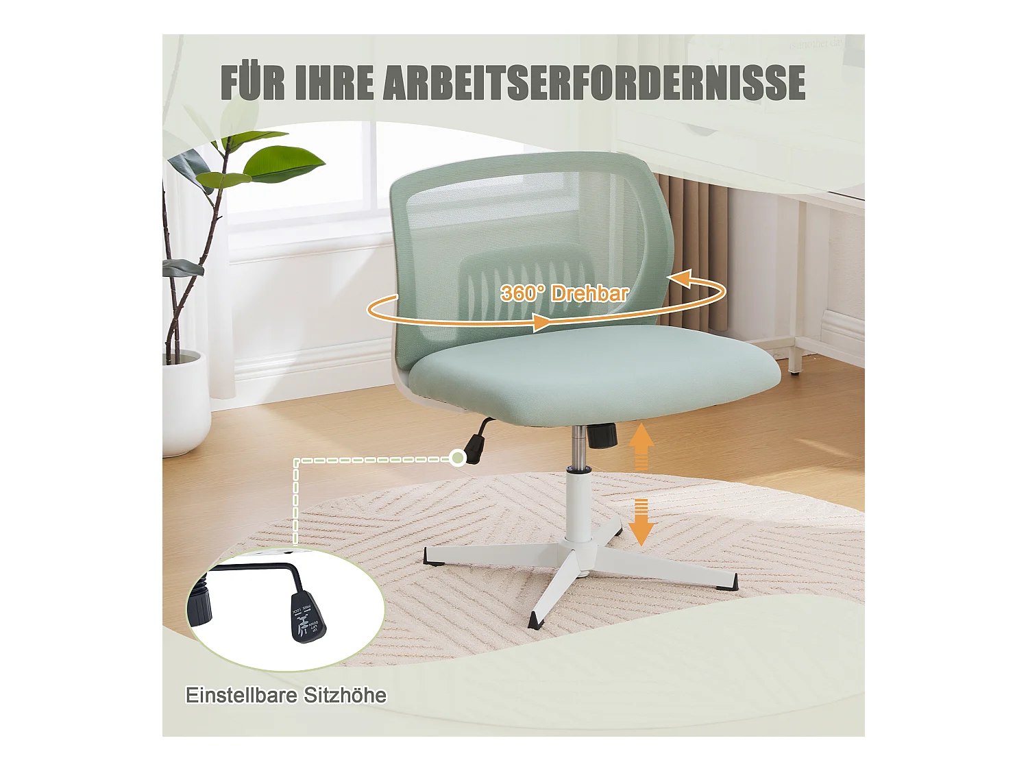 Fauteuil de bureau ergonomique sans accoudoirs, dossier mesh respirant, inclinable et pivotant, vert menthe (61x55x73cm)