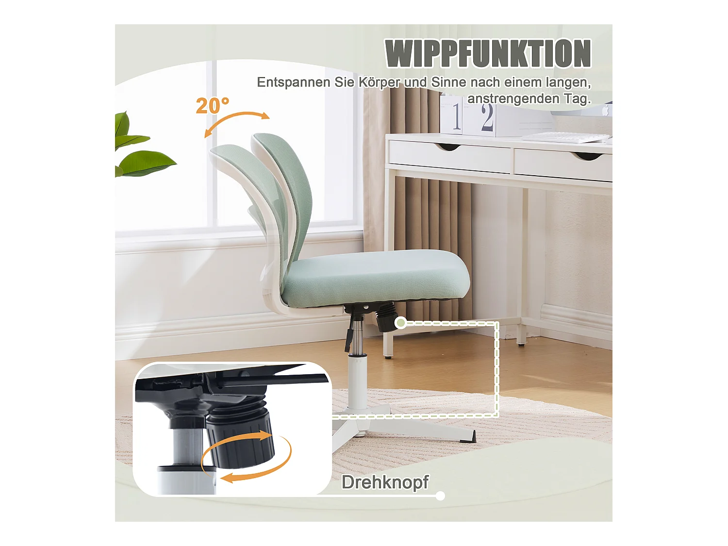 Fauteuil de bureau ergonomique sans accoudoirs, dossier mesh respirant, inclinable et pivotant, vert menthe (61x55x73cm)