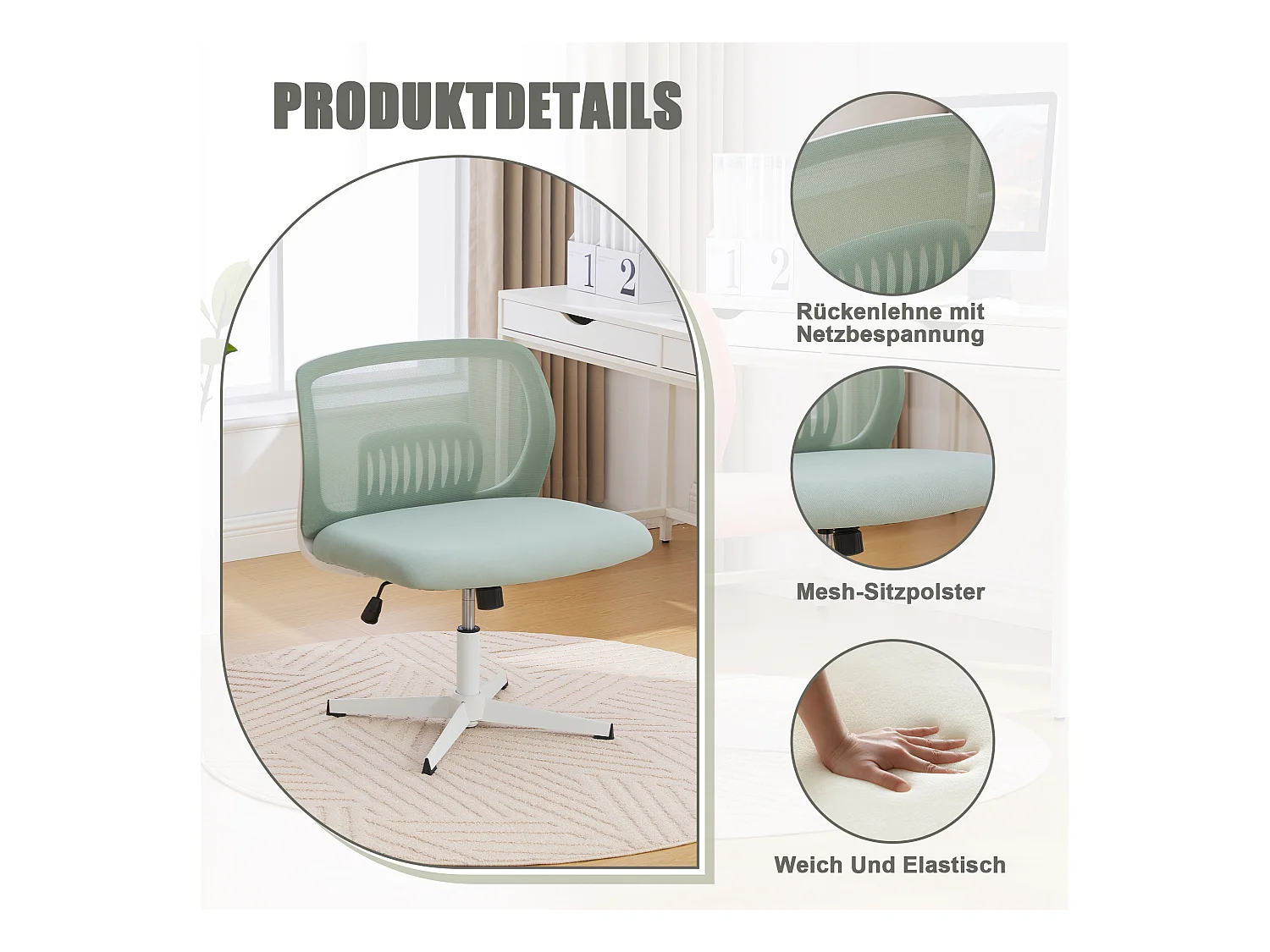 Silla de oficina ergonómica sin reposabrazos, respaldo de malla transpirable, inclinable y giratoria, verde menta (61x55x73cm)
