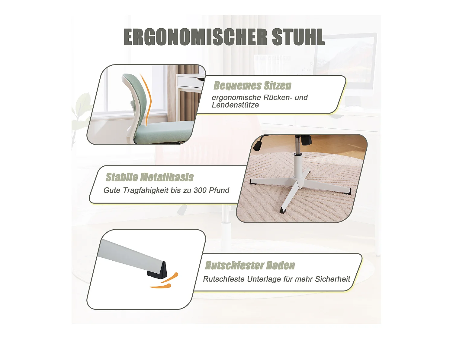 Silla de oficina ergonómica sin reposabrazos, respaldo de malla transpirable, inclinable y giratoria, verde menta (61x55x73cm)