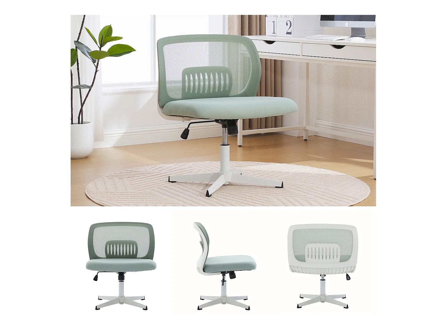 Silla de oficina ergonómica sin reposabrazos, respaldo de malla transpirable, inclinable y giratoria, verde menta (61x55x73cm)