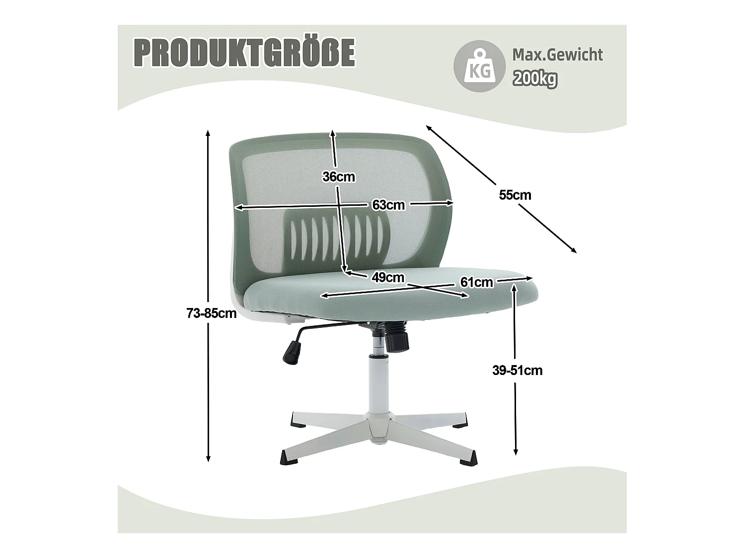 Silla de oficina ergonómica sin reposabrazos, respaldo de malla transpirable, inclinable y giratoria, verde menta (61x55x73cm)