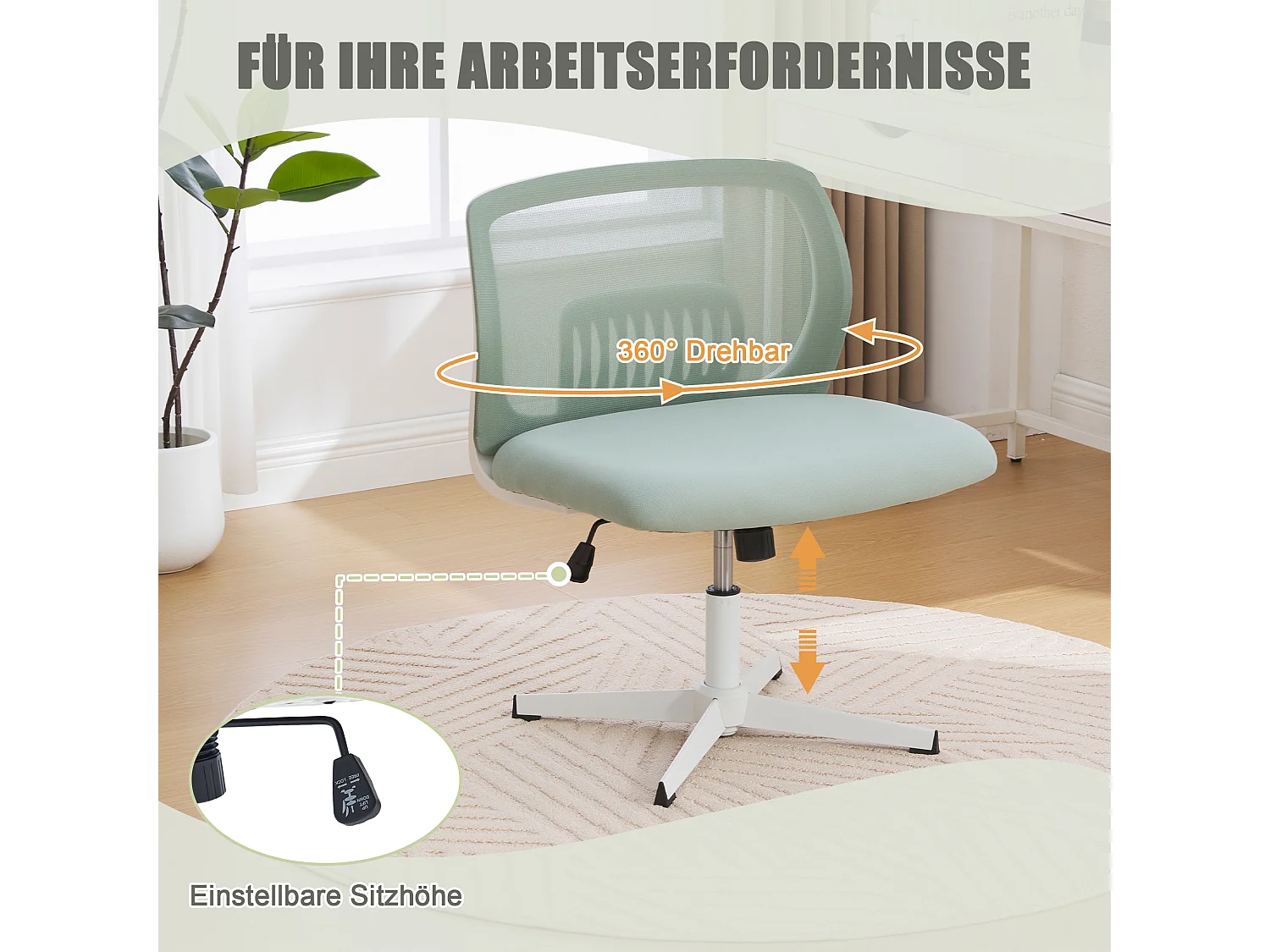 Fauteuil de bureau ergonomique sans accoudoirs, dossier mesh respirant, inclinable et pivotant, vert menthe (61x55x73cm)