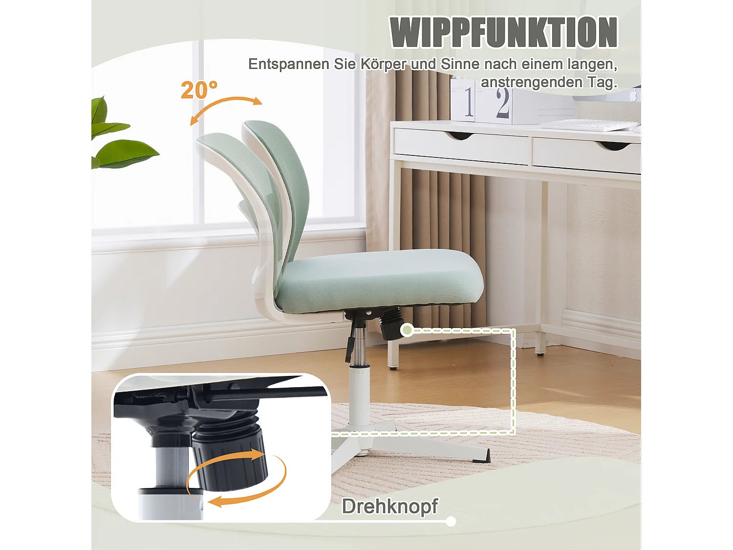 Fauteuil de bureau ergonomique sans accoudoirs, dossier mesh respirant, inclinable et pivotant, vert menthe (61x55x73cm)