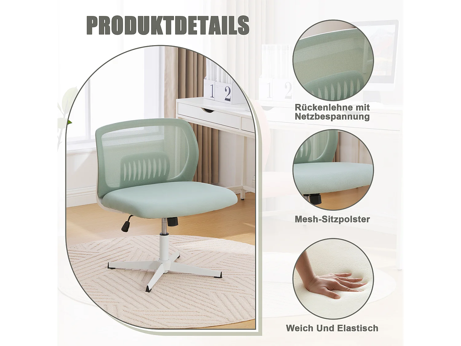 Fauteuil de bureau ergonomique sans accoudoirs, dossier mesh respirant, inclinable et pivotant, vert menthe (61x55x73cm)