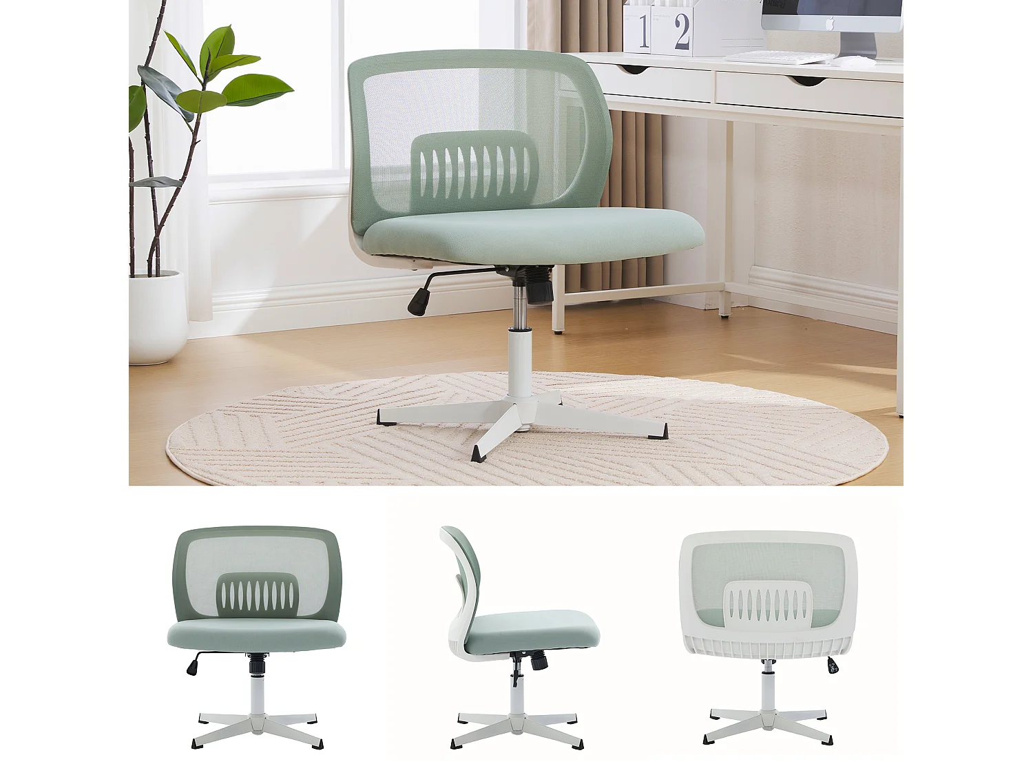 Fauteuil de bureau ergonomique sans accoudoirs, dossier mesh respirant, inclinable et pivotant, vert menthe (61x55x73cm)