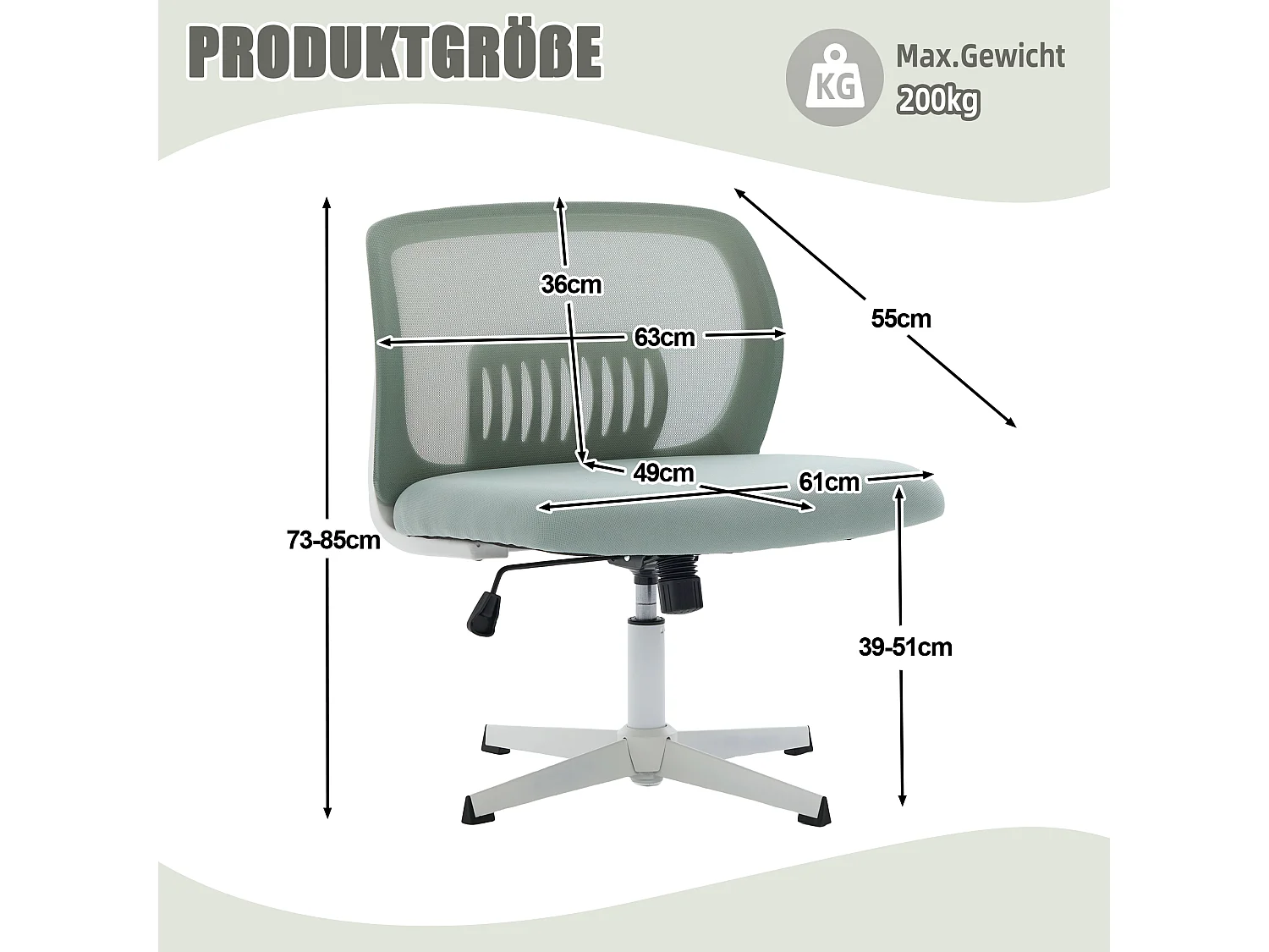 Fauteuil de bureau ergonomique sans accoudoirs, dossier mesh respirant, inclinable et pivotant, vert menthe (61x55x73cm)