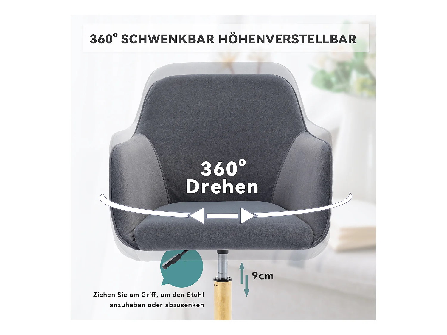 Silla de oficina giratoria, altura regulable, terciopelo, base dorada, gris (58x58x86 cm)