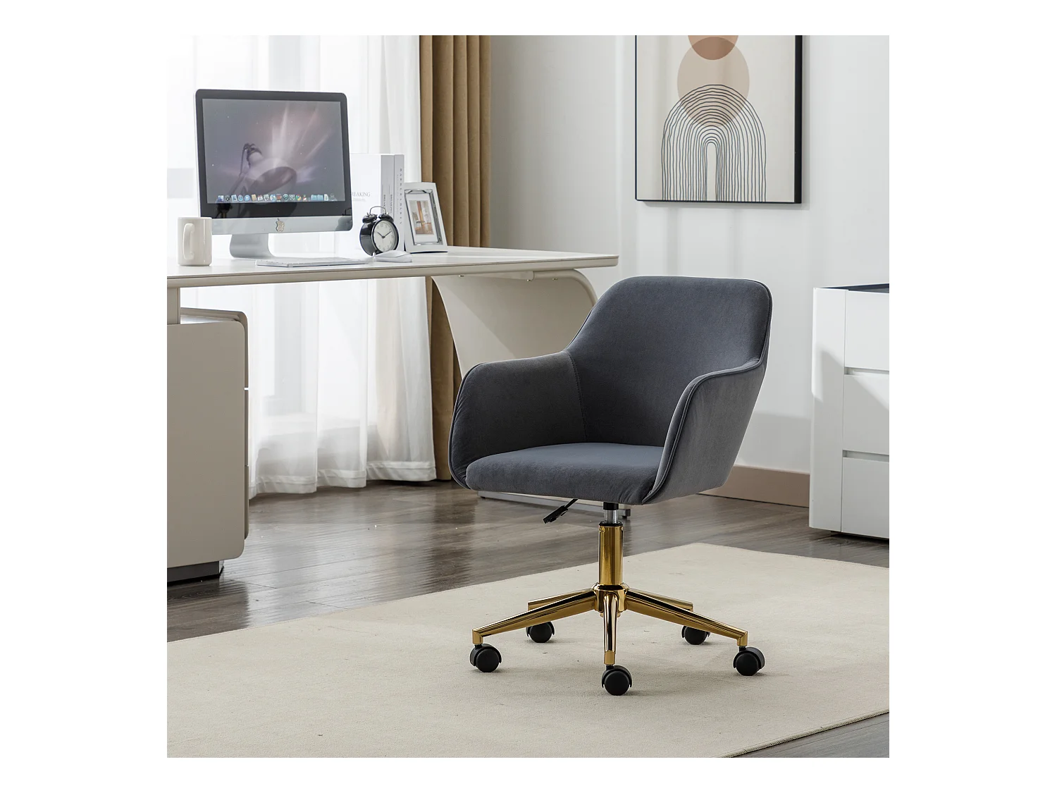 Chaise de bureau pivotante, hauteur réglable, velours, base dorée, gris (58x58x86 cm)