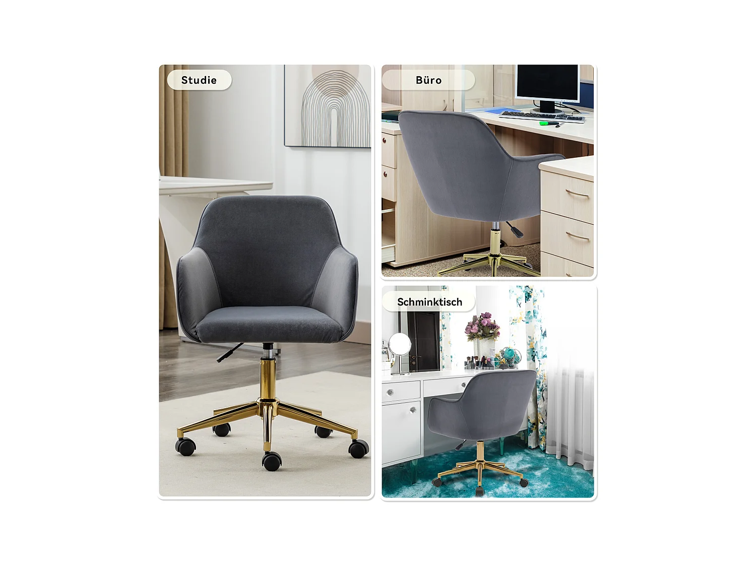 Chaise de bureau pivotante, hauteur réglable, velours, base dorée, gris (58x58x86 cm)