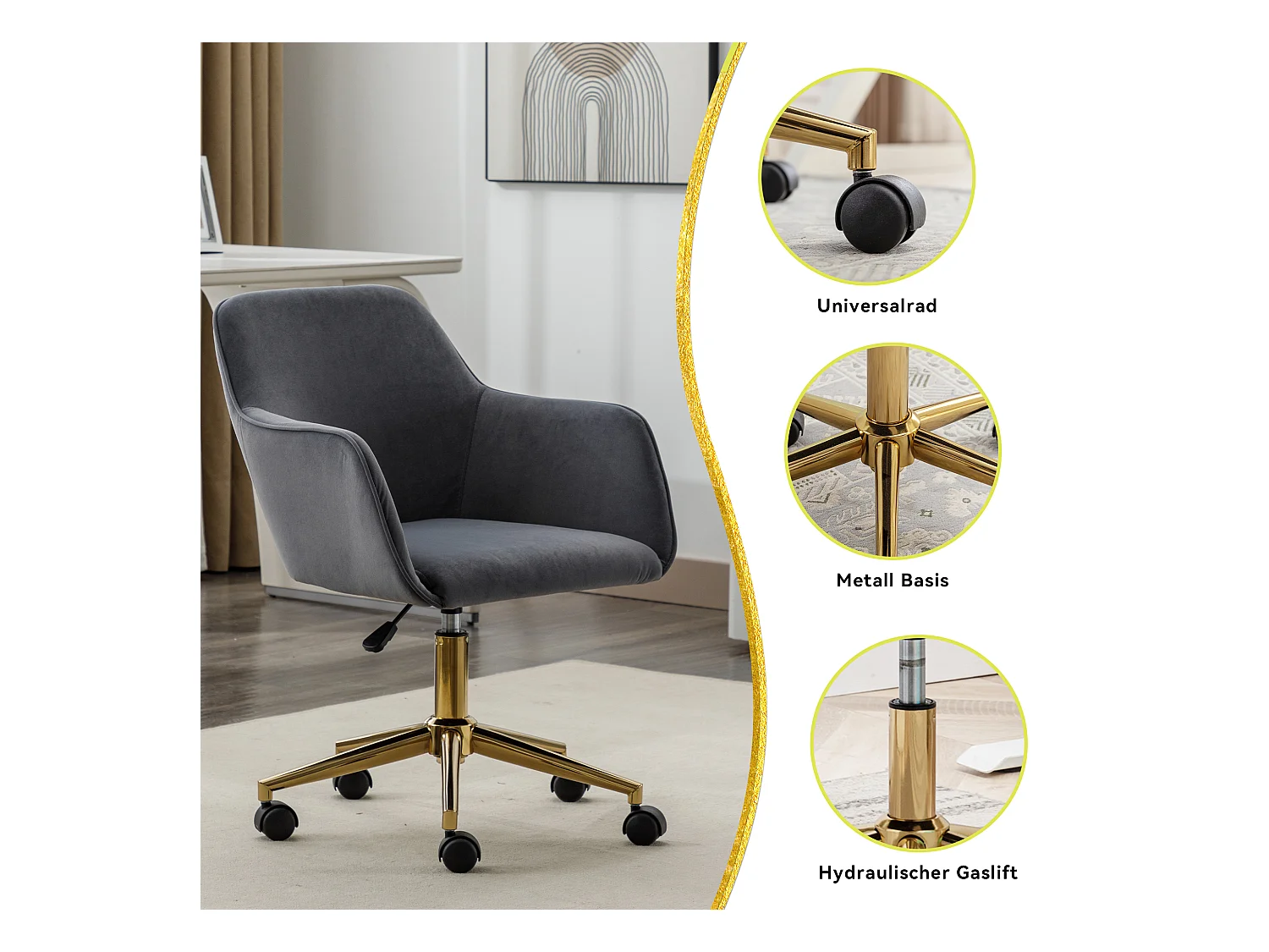 Chaise de bureau pivotante, hauteur réglable, velours, base dorée, gris (58x58x86 cm)