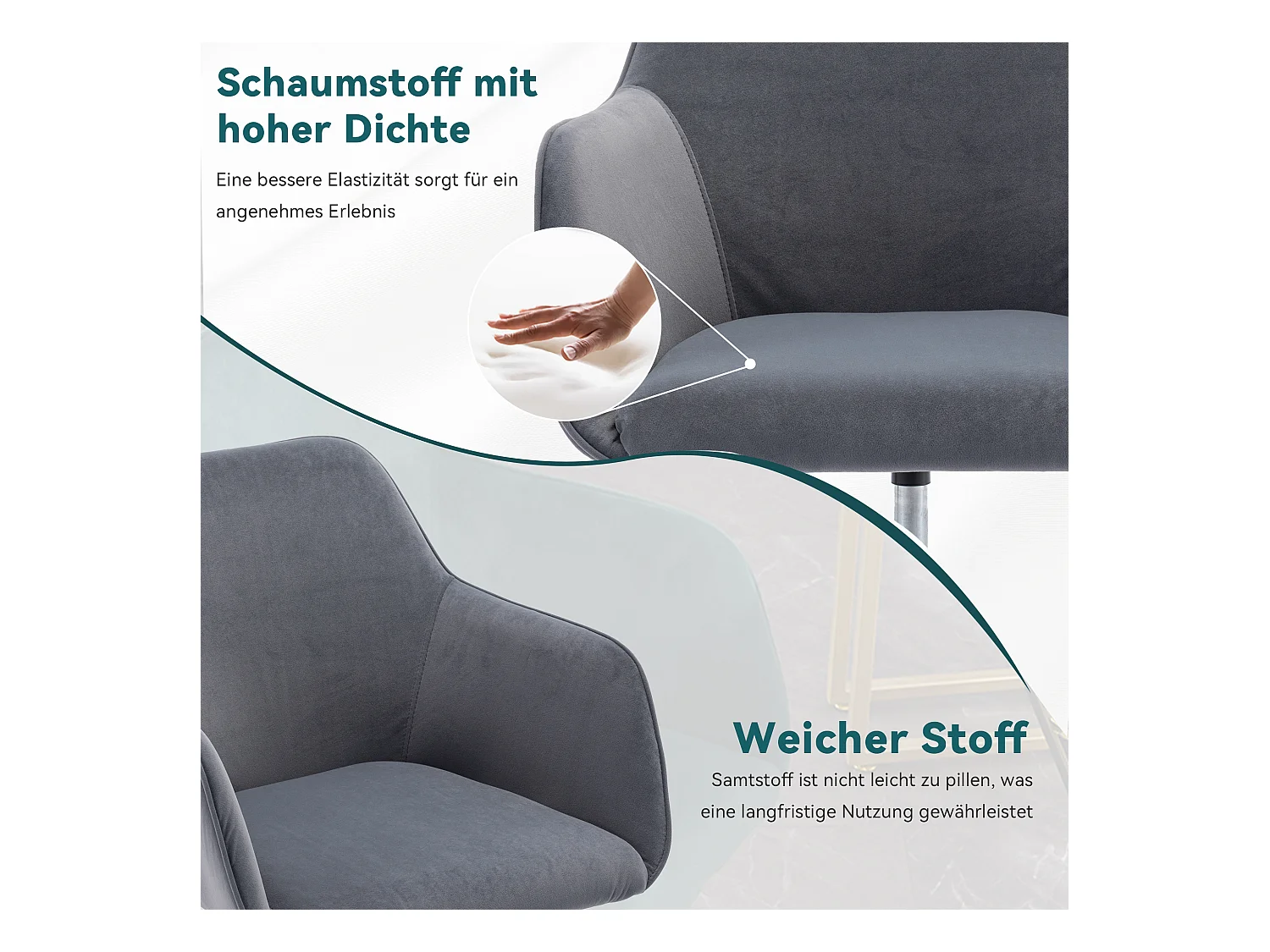 Chaise de bureau pivotante, hauteur réglable, velours, base dorée, gris (58x58x86 cm)