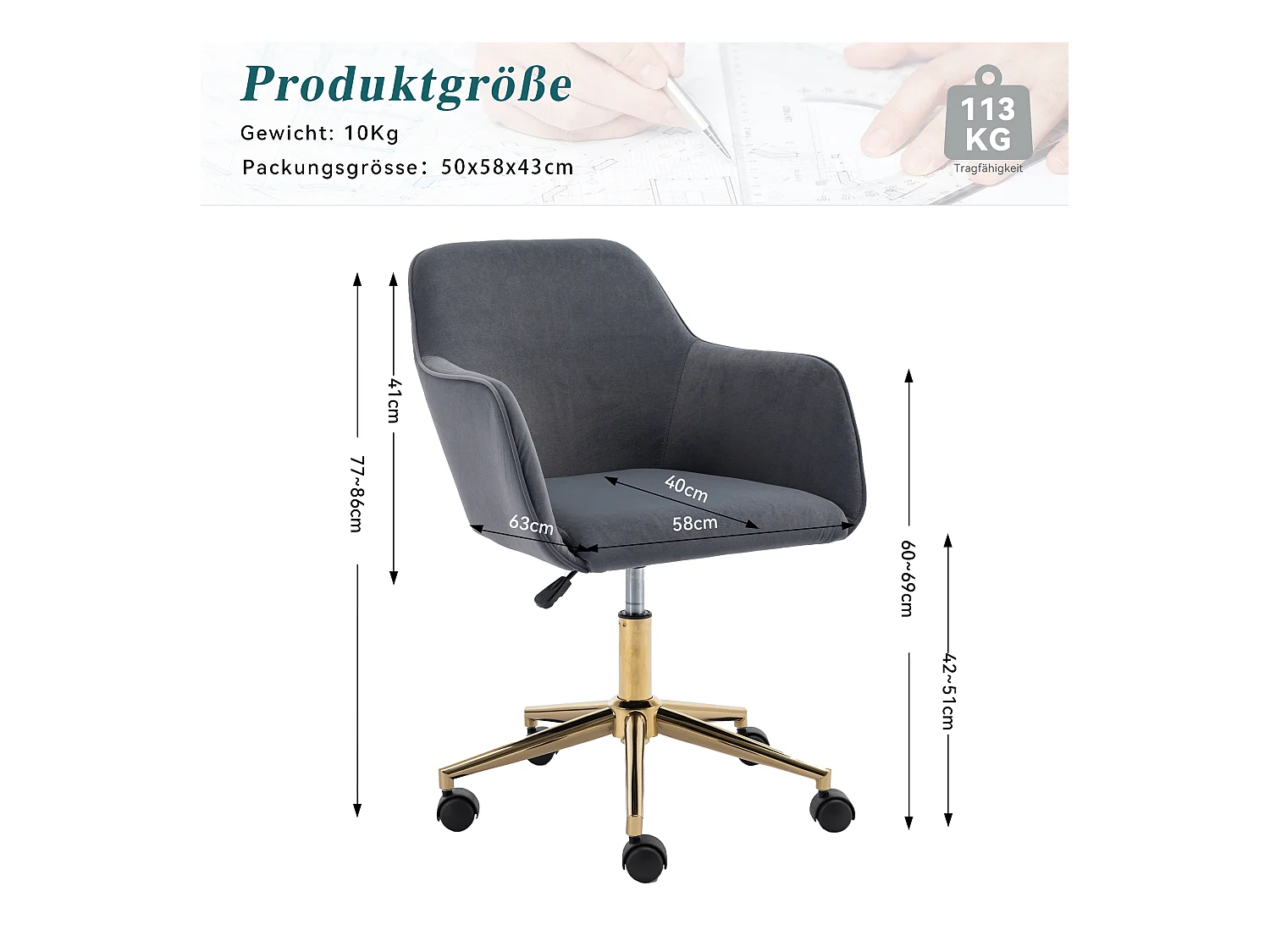 Chaise de bureau pivotante, hauteur réglable, velours, base dorée, gris (58x58x86 cm)
