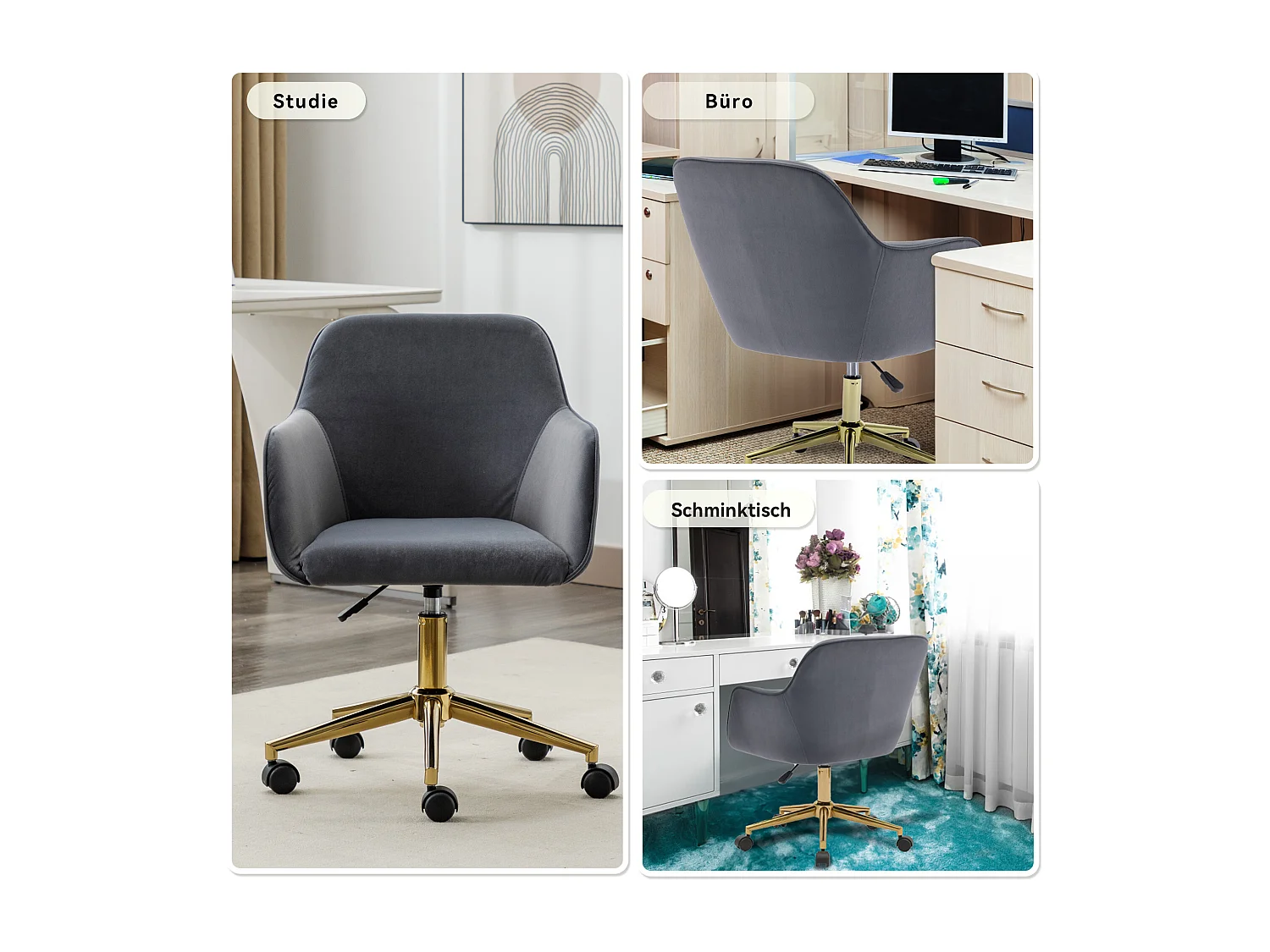 Chaise de bureau pivotante, hauteur réglable, velours, base dorée, gris (58x58x86 cm)