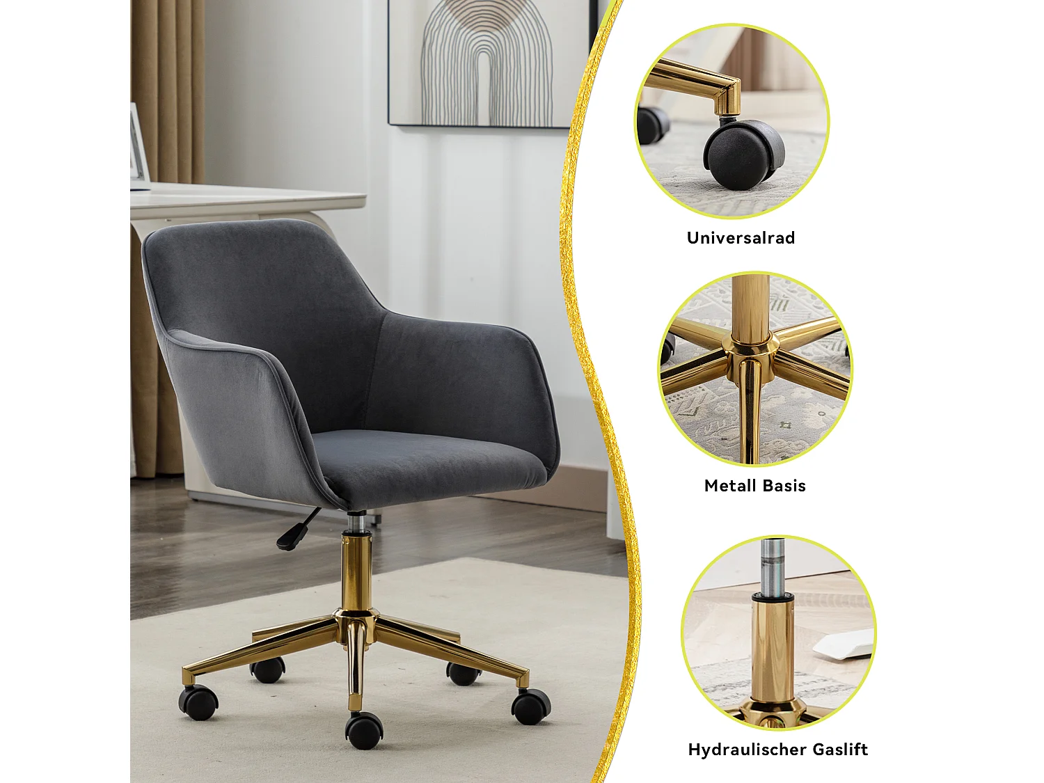 Chaise de bureau pivotante, hauteur réglable, velours, base dorée, gris (58x58x86 cm)