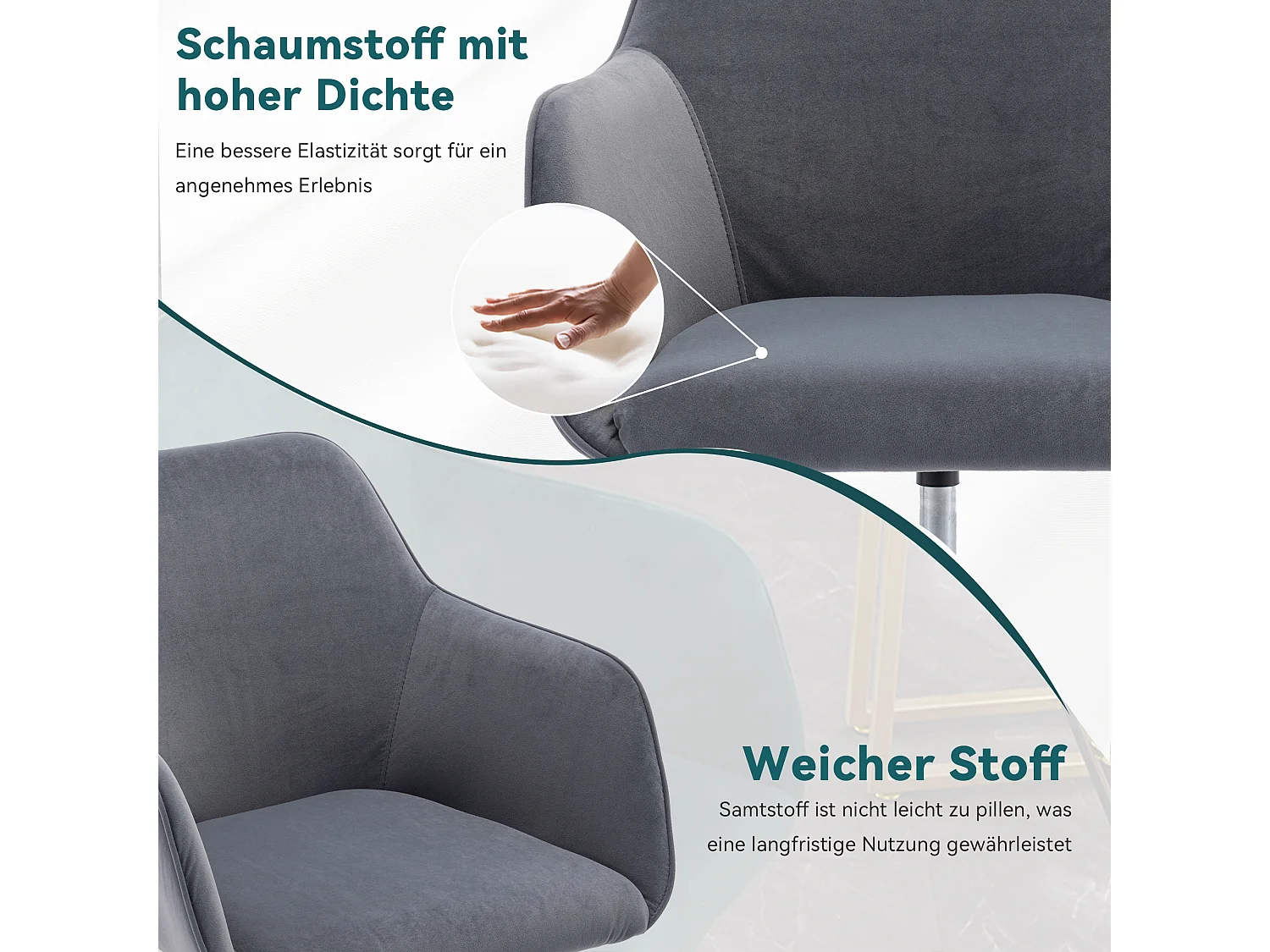 Chaise de bureau pivotante, hauteur réglable, velours, base dorée, gris (58x58x86 cm)